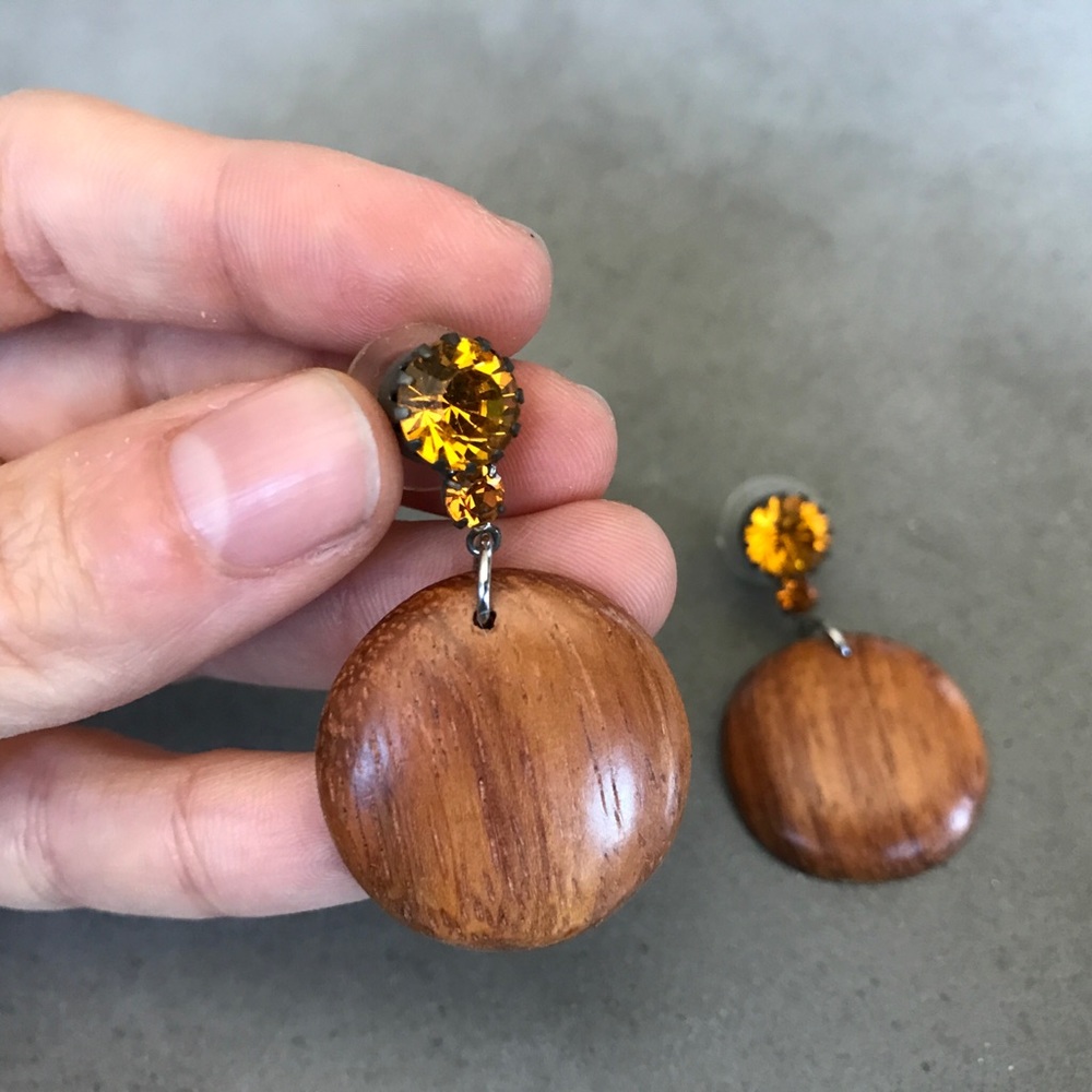 Hand Carved Wood & Swarovski Crystal Earrings